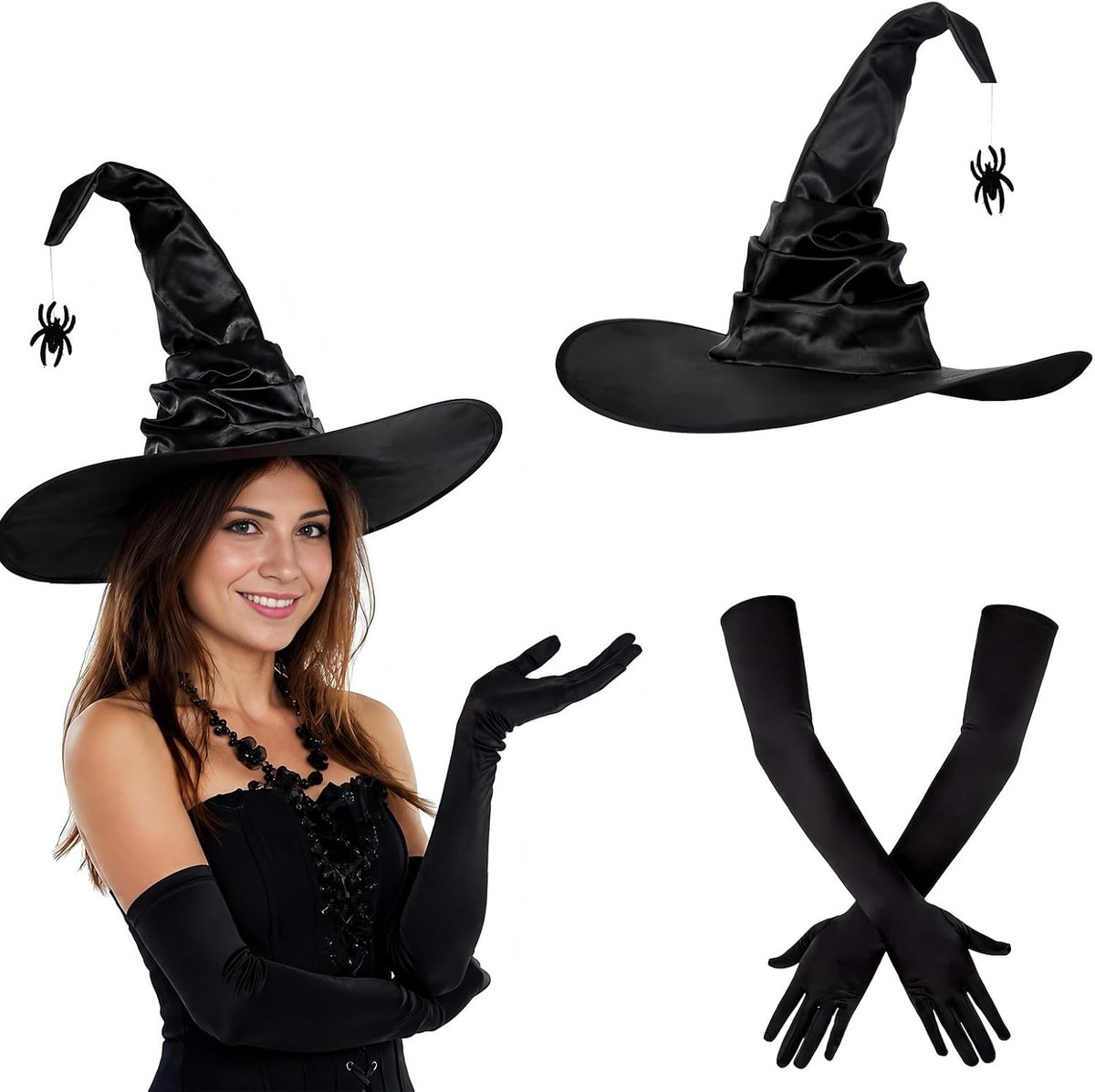 Halloween-heksenset voor dames, zwarte satijnen heksenhoed