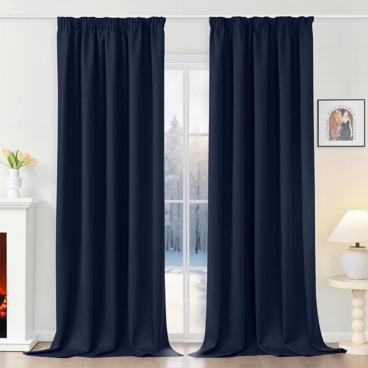 Gordijnen met plooiband, ondoorzichtig, marineblauw, verduisteringsgordijnen, set van 2, 245 x 140 cm (H x B) voor railsysteem, thermische gordijnen, bescherming tegen kou, schuifgordijnen