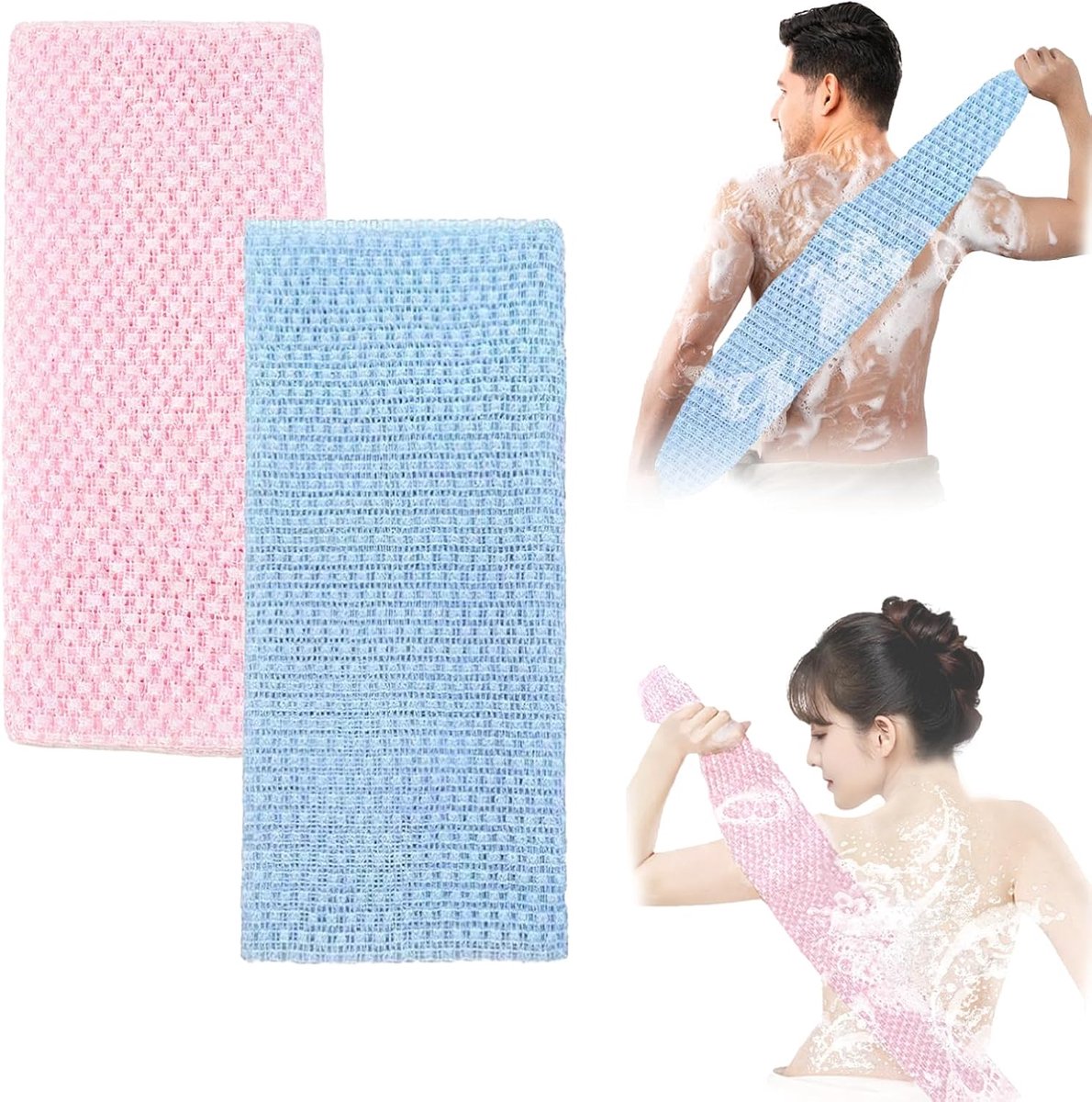 Handdoek voor lichaam 2 stuks (roze en blauw) - extra lange en dikkere douchedoek voor diepe reiniging, dubbelzijdige huidexfoliator rugscrubber