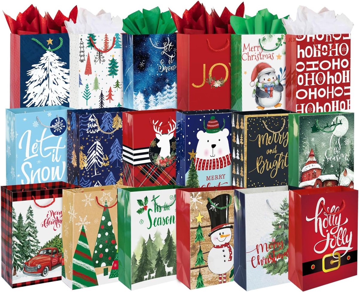 24 grote kerstcadeauzakken bulk met handgrepen, 26 tissuepapier en 60 Count Kerst Gift Tags Set-24 Verschillende Ontwerpen Grote Size Zakken Set Voor Het Inpakken Xmas Vakantie Cadeaus