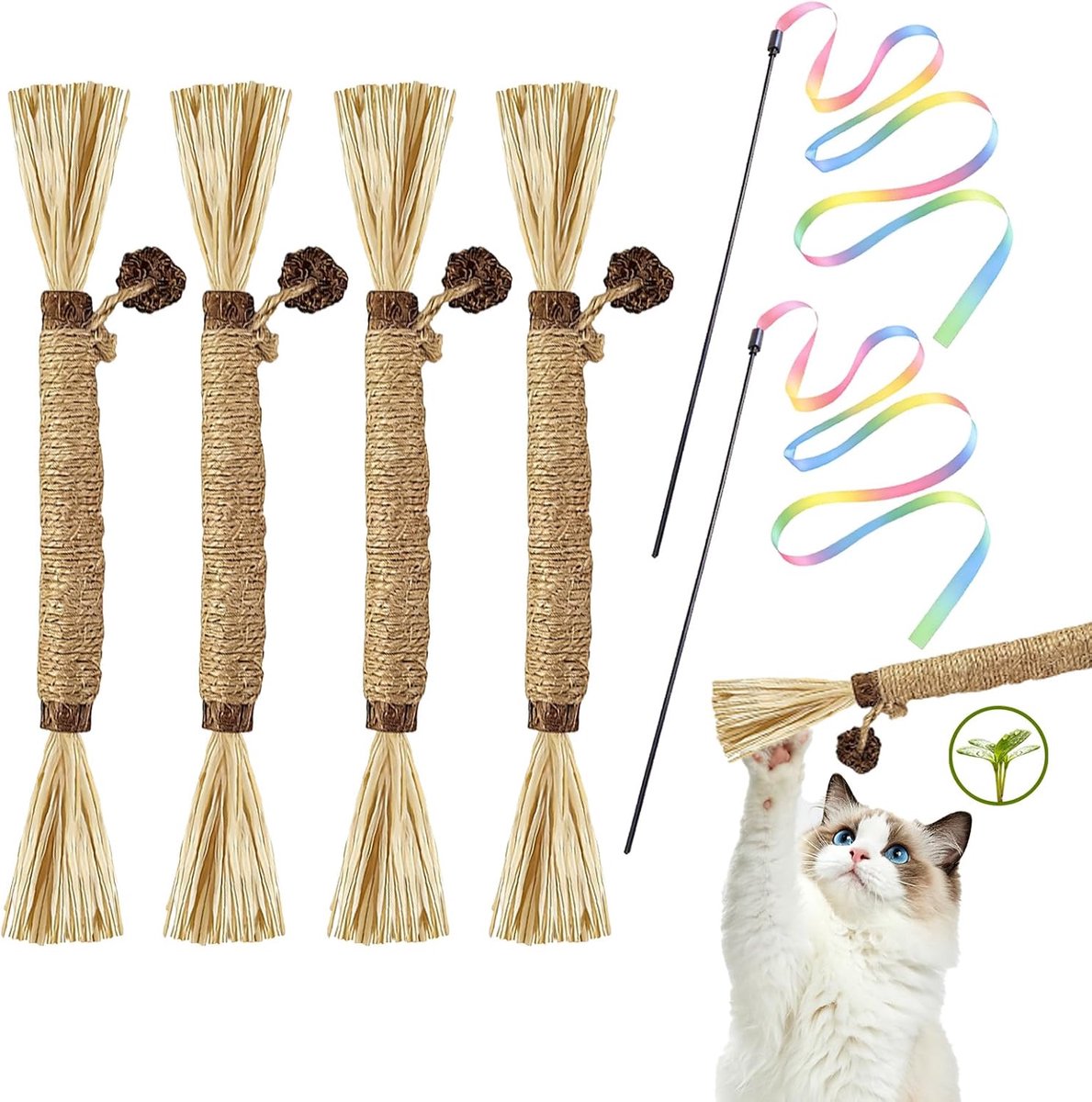 4 stuks kattenkruid stokjes en 2 katten toverstokjes, Matatabi stokje kat, kauwspeeltjes voor katten, kattenspeelgoed voor speelplezier, gebitsverzorging & tegen slechte adem
