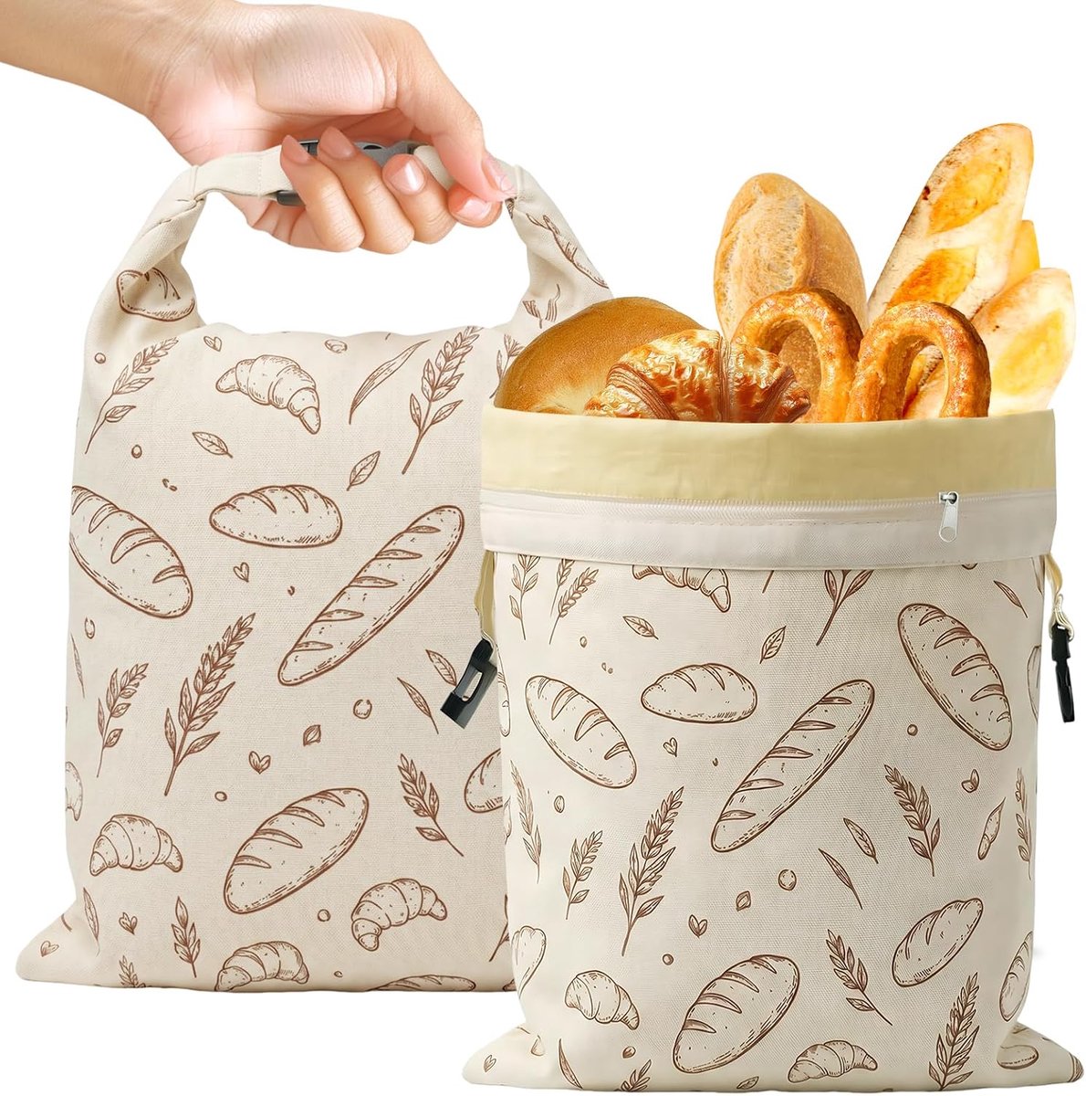 Herbruikbare bijenwaszak voor brood, 43 x 33 cm, katoenen broodzak met ritssluiting en draagriemen voor het bewaren van brood voor zelfgemaakte bakwaren (2 stuks)