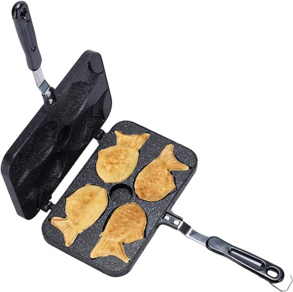 Visvormige Pan - Bakvorm Wafelijzer - Thuis Bakken - Dubbelzijdig Koken - 4 Holtes - Zwart