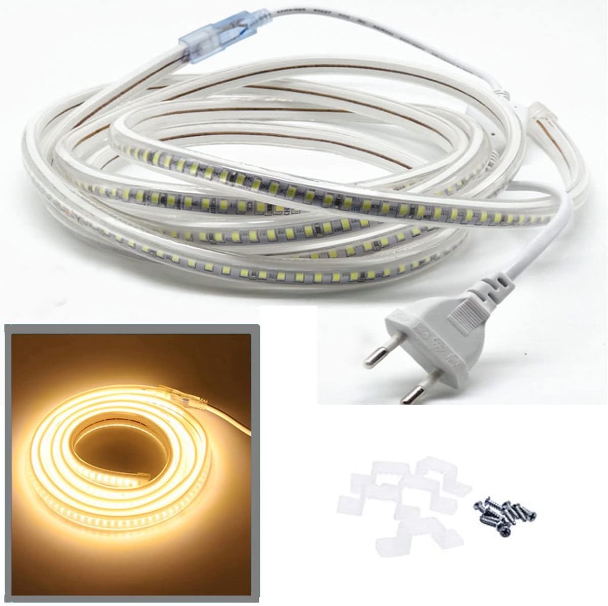 8m LED-stroken, Warm Wit LED-lichtstrook, 2835 SMD 144 LED’s/m lichtbalk, 220V 230V Strip, zeer heldere verlichting - 900 LM per meter, IP65 waterbestendig