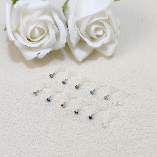 12 stuks lippiercings, kunststof, 16 g, 6/8/10 mm, helder, labret van acryl, met gekleurde zirkonia, zwart, piercing, tragus, Medusa labret, lip, sieraden voor piercing — afbeelding 2