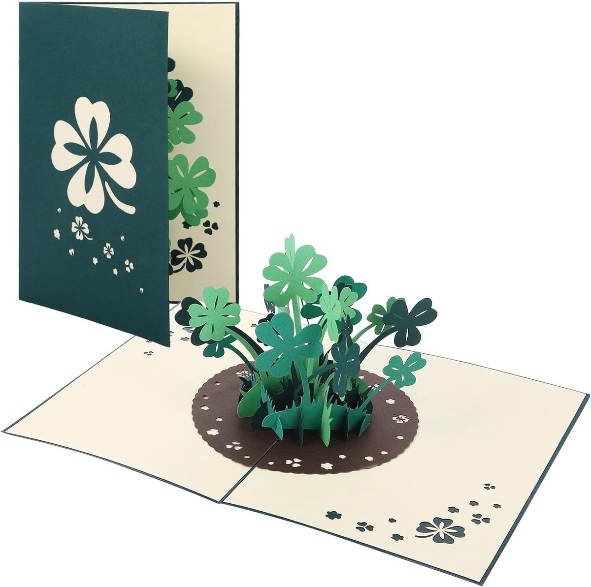 geluksklaver, 3D pop-up kaart verjaardag 12,8 x 17,8 cm en geluksbrenger klaverblad, geluksbrenger klaverblad geluksbrenger sleutelhanger, veel gelukskaart, verjaardag