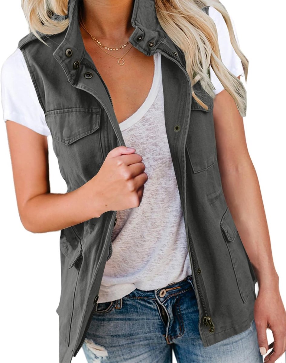 Bela Cargovest voor dames, mouwloos, overgangsparka, jas, kort, met zakken en trekkoord, lente, zomer, vest, bovenkleding