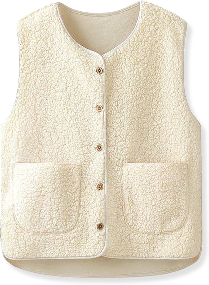 Beifon Teddy fleece vest dames herfst winter warm, mouwloos bontvest dames effen V-hals knopen fleece vest van teddybont, bont vest kort pluche vest teddyvest outwear thermovest