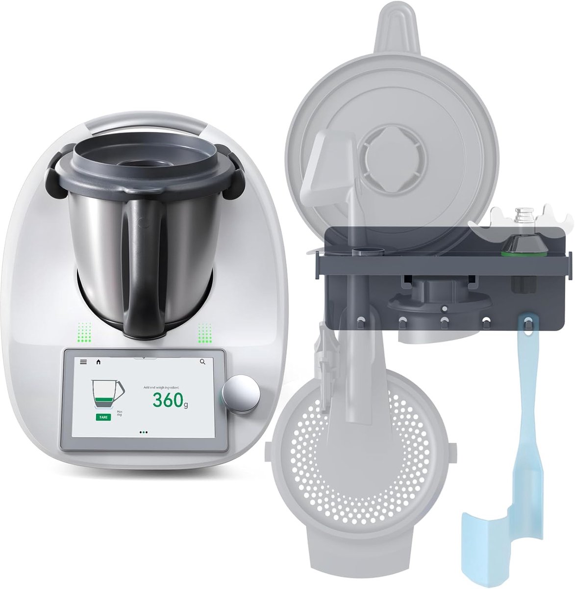 pbergrek aan de muur voor Thermomix TM6/TM5/TM31 – wandgemonteerde multifunctionele houder voor mengmes, spatel, roerhulpstuk, borstel en deksel – TM6-accessoires, 8+ Accessoires (Boorba)