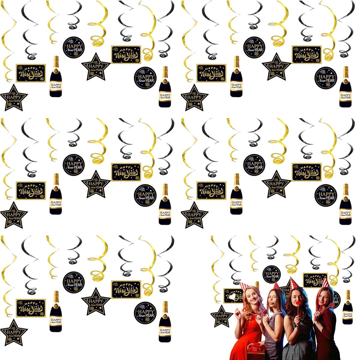 2026 Nieuwjaar Decoratie Hangers – 40 Stuks Zwarte en Gouden Spiralen voor Feestdecoratie, Binnen en Buiten