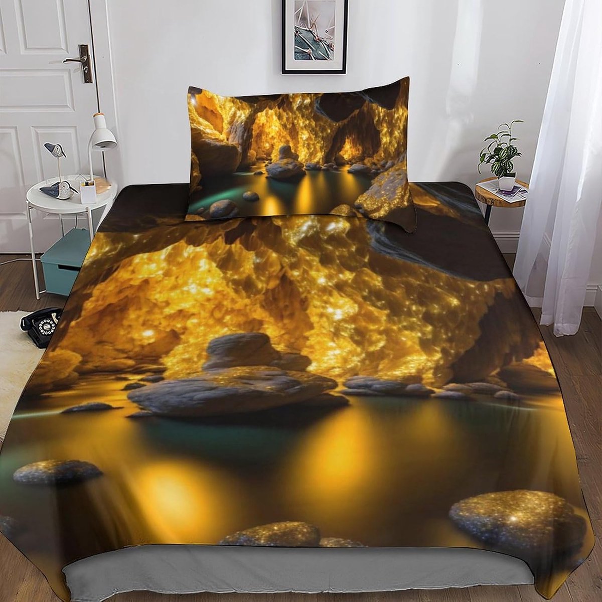 Golden Cave dekbedovertrekset, 3D-bedrukt beddengoed, dekbedovertrek en kussenslopen, zacht microvezel beddengoed voor kinderen, volwassenen, tieners, eenpersoons (135 x 200 cm)