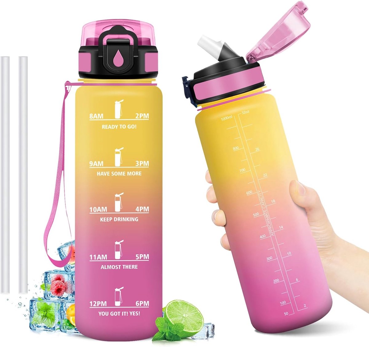 1 liter, waterfles met rietje, BPA-vrij, herbruikbaar, motiverende fles met tijdsweergave, lekvrij, ideaal voor school, kantoor, camping