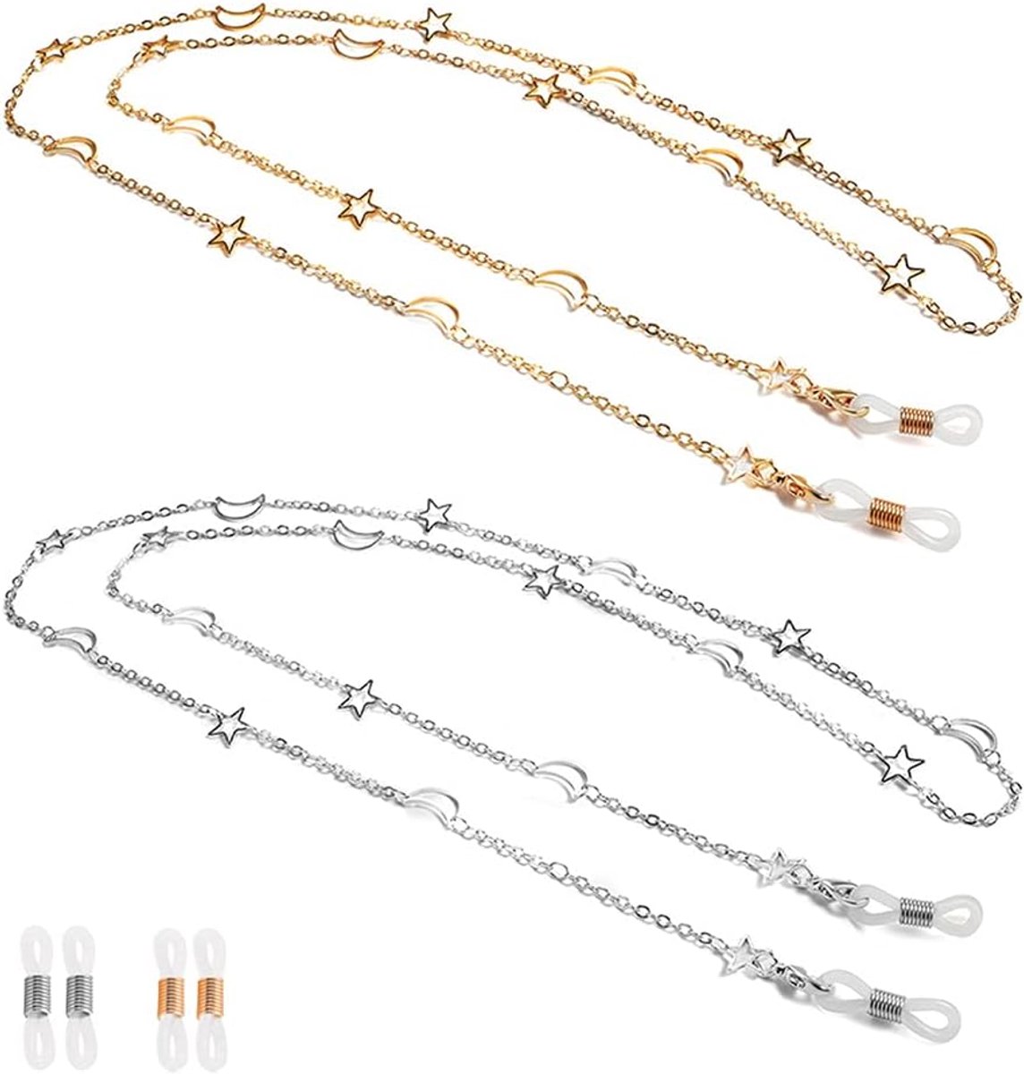 2 STKS Lenzenvloeistof Ketting Zonnebril Bandhouder Lezen Glazen Koorden Lanyard Ketting Eyewear Retainer Metalen Lange Ketting Accessoires met Rubberen Uiteinden - Stijl Ster en Maan,