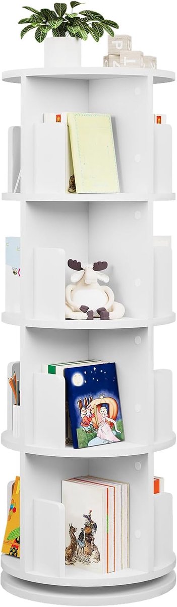 Roterende boekenkast, hoekboekenkast, 4 niveaus, 16 vakken, vrijstaande witte boekenkast, voor woonkamer, slaapkamer, kantoor, studeerkamer, draaibare houten boekenplank, wit, 0044SHG