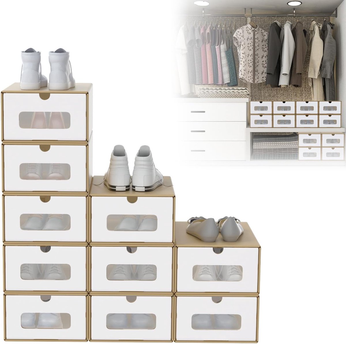 Set van 20 dozen, stapelbare schoenendozen, opbergdoos, laden met transparant kijkvenster, schoenendoos, opbergdozen voor kinderkamer, kantoor, woonkamer, slaapkamer, bruin