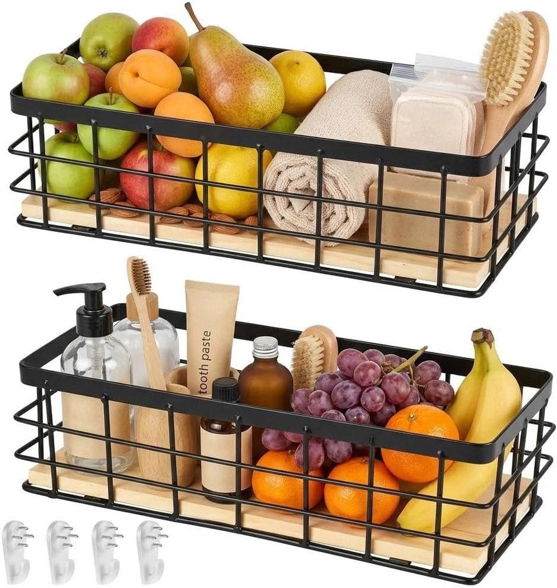 Metalen mand, huishoudelijke wandmand, metalen houten sokkel, metalen badkamer, opbergmand, voor keuken, eetkamer, 29 x 13 x 10 cm, zwart, 2 stuks