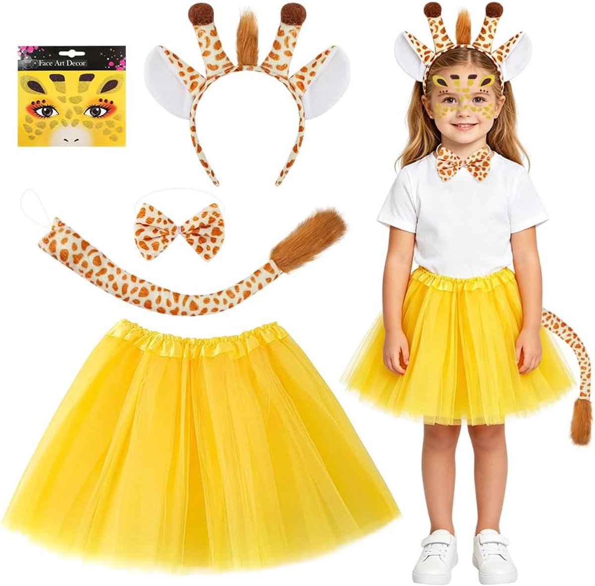 Kostuumset, dierenjurk, cosplay, inclusief tutu-rok, oren, hoofdband, staart, vlinderdas, gezichtsstickers, cosplay-accessoires, voor junglefeest, Halloween, carnaval