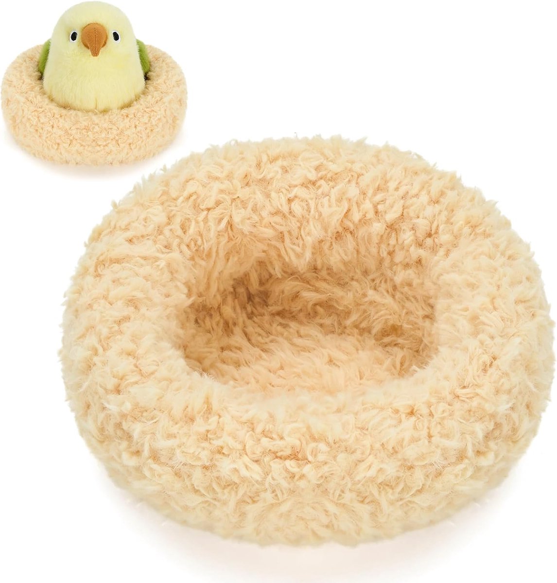 shownicer Vogel knuffeldier, handig pluche dier, zacht woonaccessoire, bureaudecoratie en verzamelstuk, geschenken voor kinderen, volwassenen, vrienden (beige vogelnest, 11 cm)