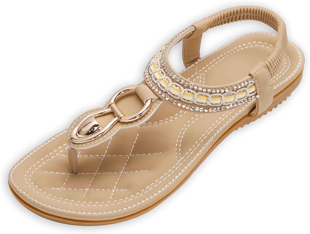 Platte sandalen voor dames, zomer, bohemian sandalen, staande teenslippers, strandsandalen, flip-flops, maat 36-44 EU, Stijl A beige, 42 EU