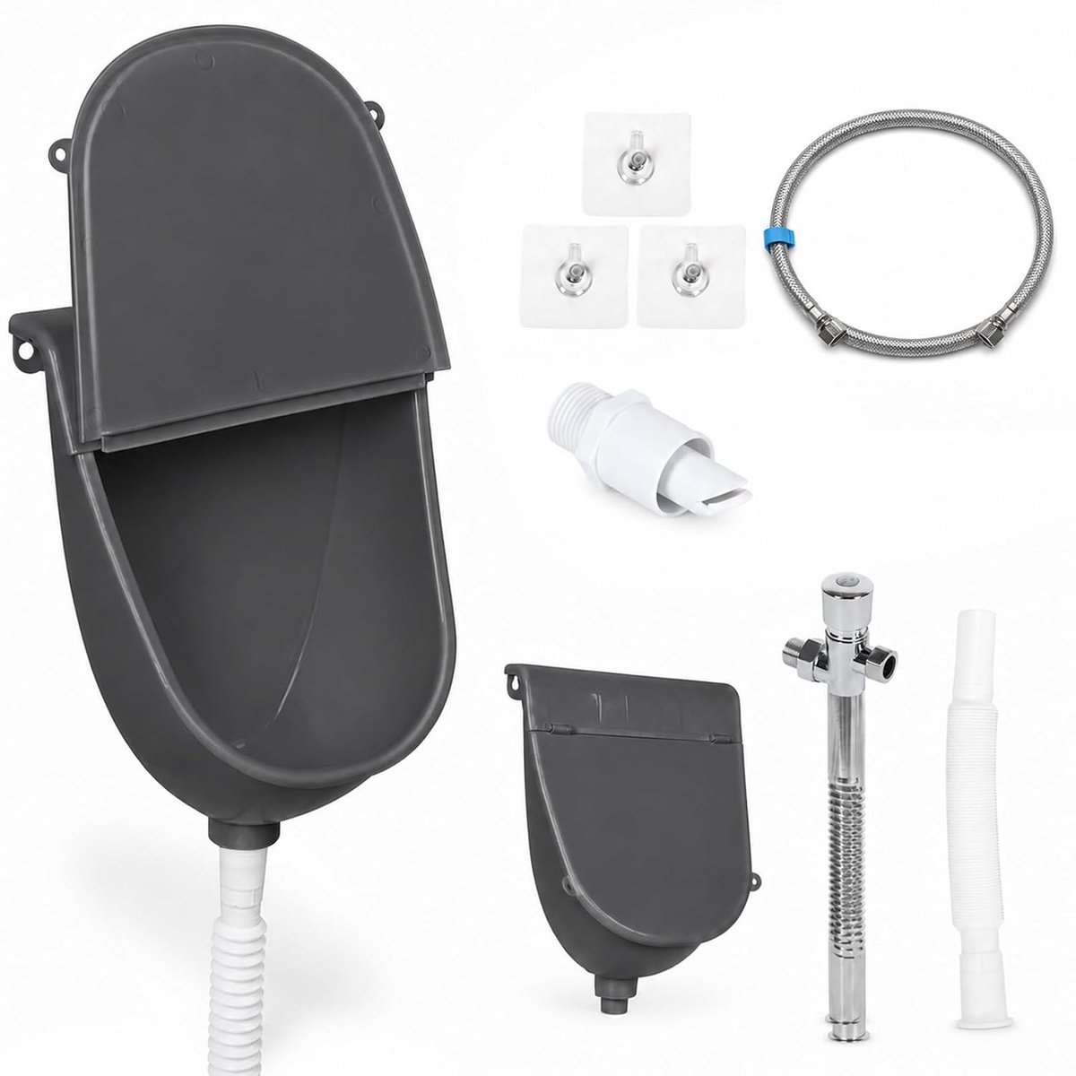 Urinoir met deksel, waterloos wandurinoir voor mannen zonder boren, spatwaterdicht kunststof urinoir met spoelventiel en afvoerslang, geurneutraal urinoir voor camper, camping, tuin (grijs)