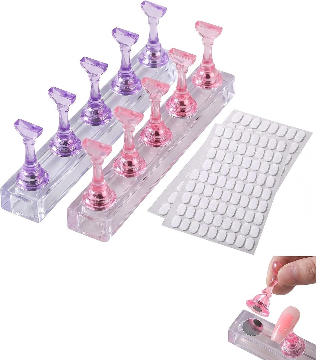 2 sets nagelstandaard, magnetische acrylstandaard met 100 stickers (roze + paars), basis voor praktische reconstructie, decoraties en kunstnagels