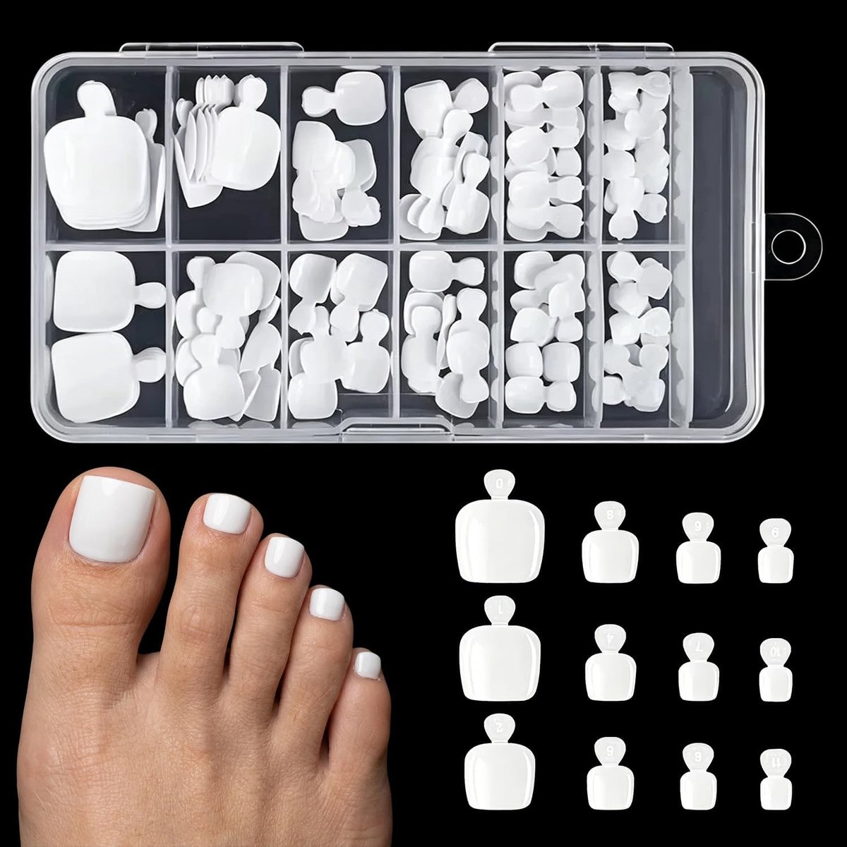 120 stuks Witte Kunstnagels Tenen | 12 Maten Acryl Plaknagels voor Tenen | Press-on Teennagels voor DIY Nail Art