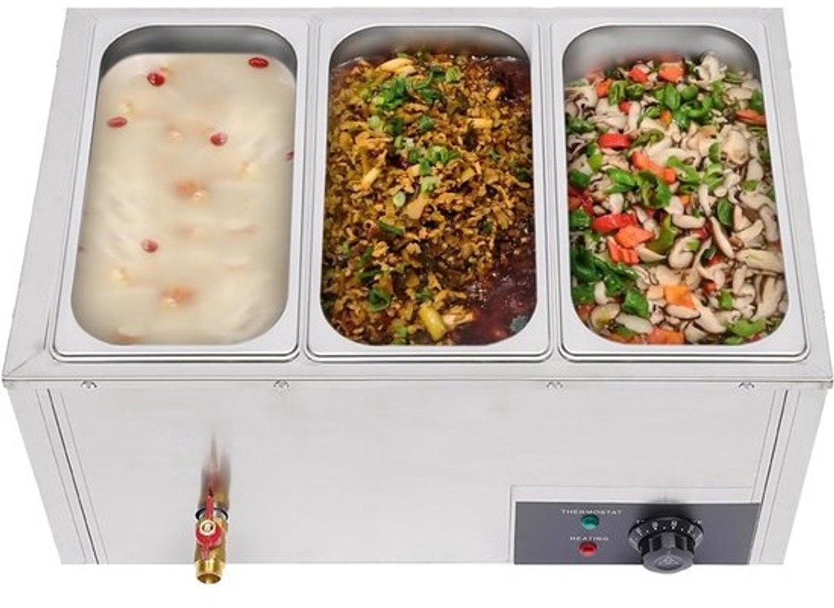 Elektrische Bain Marie - Voedselwarmer Buffet - Catering Warm Houden - 3 RVS Potten - 57.5x38x27cm - Zilver