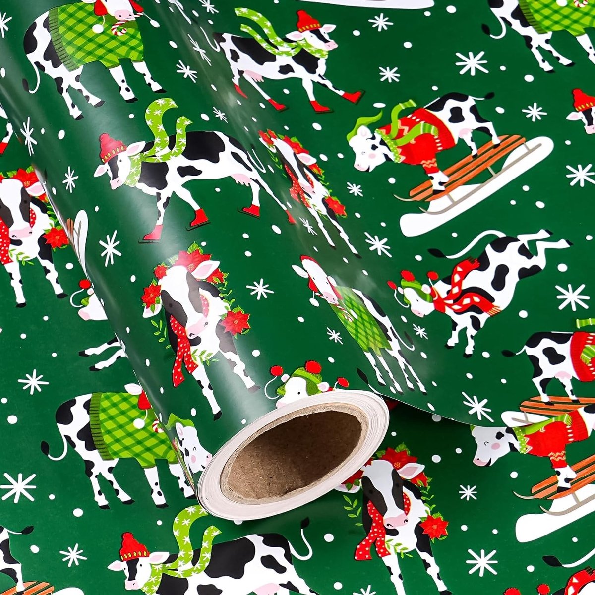 Kerst Inpakpapier Koe - Mini Roll van 43,2 cm x 5 m - Donkergroen Winterthema voor Feestdagen en Cadeaus