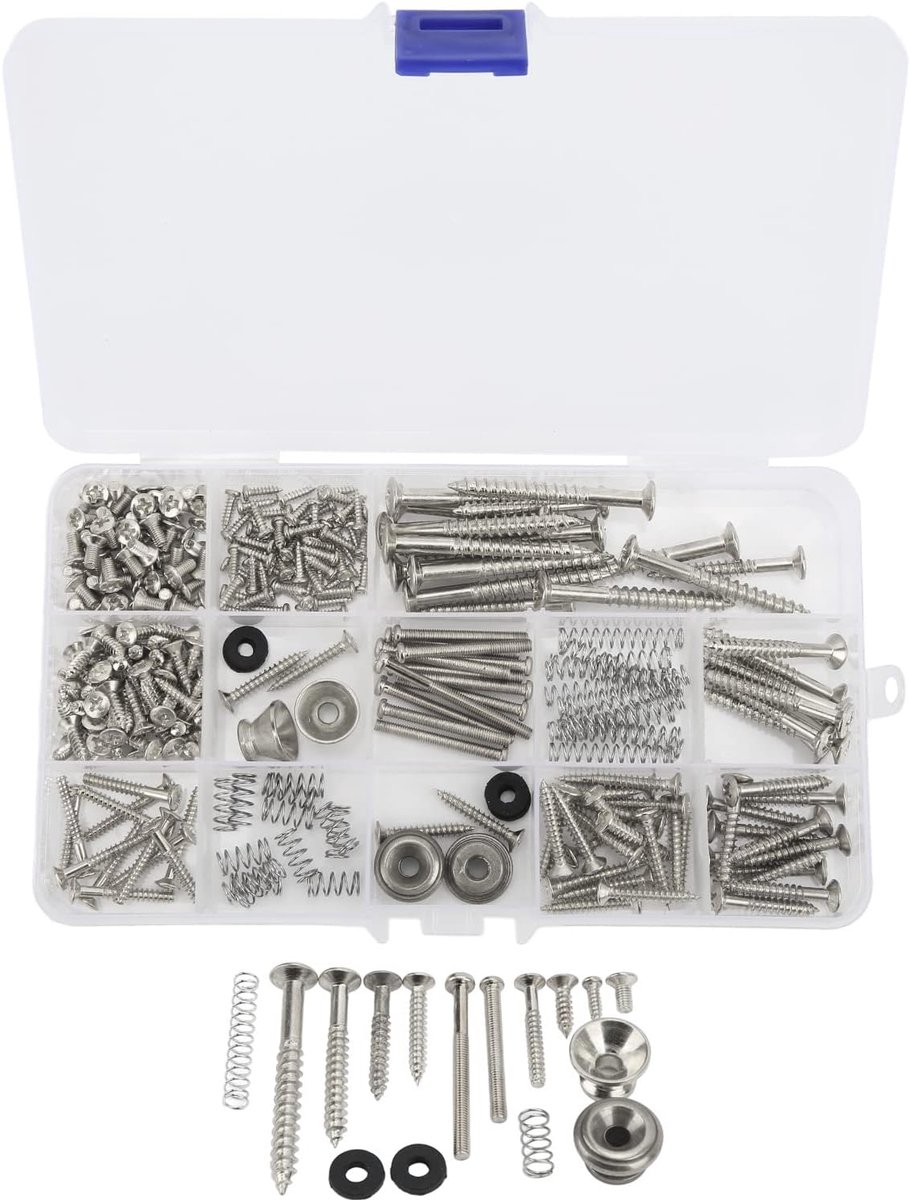 Gitaar schroefkit assortiment set reparatie bevestigingsmiddelen met aangepaste acryl opbergdoos deluxe roestvrij hardware bevestigingsmiddelen assortiment set voor elektrische gitaar pick-up (zilver)