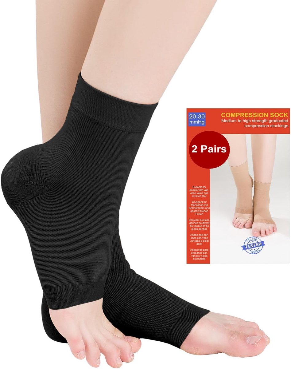 2 Paar Enkelbrace met Geïntegreerde Compressiekous - Klasse 2 (20-30 mmHg), Voor oedeem, Plantaire Fasciitis, Verstuikingen, Neuropathie en Sport, Compression Socks