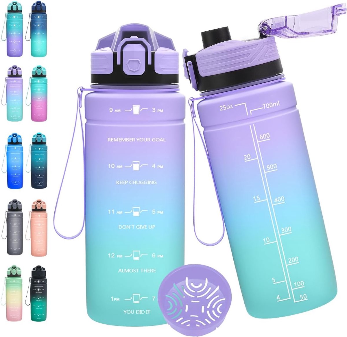 1 l/500 ml/700 ml/1500 ml, sportfles, BPA-vrij, Tritan, sportfles, lekvrij, met tijdmarkering, waterfles voor fitness, fiets, outdoor, yoga, gym, school