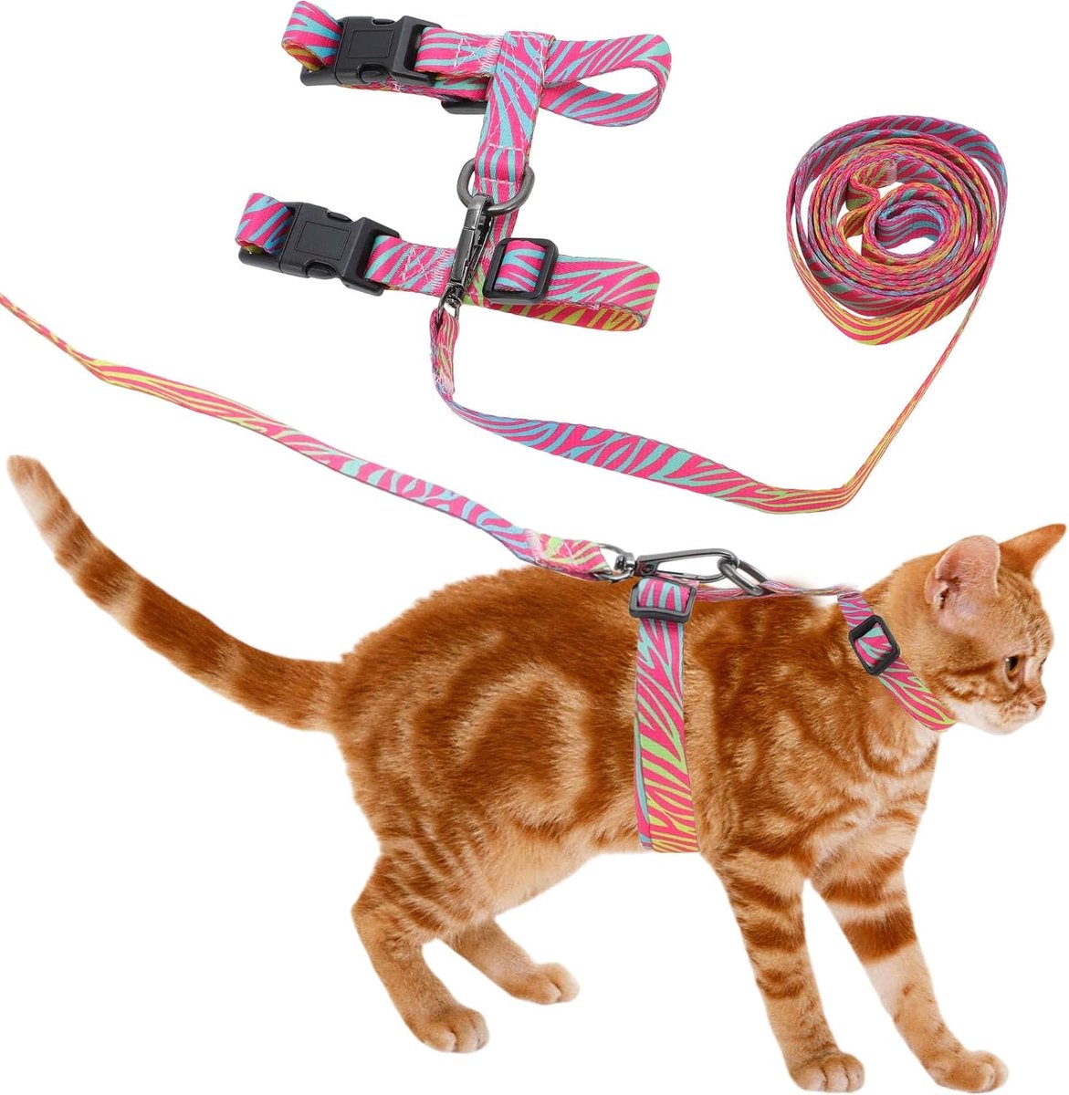 Tuig en Lijn Set, Ontsnappingsbestendig Kat Tuig voor Grote en Kleine Katten, Lichtgewicht Zacht Dieren Tuig en Lijn Set voor Reizen Wandelen, Roze Rood