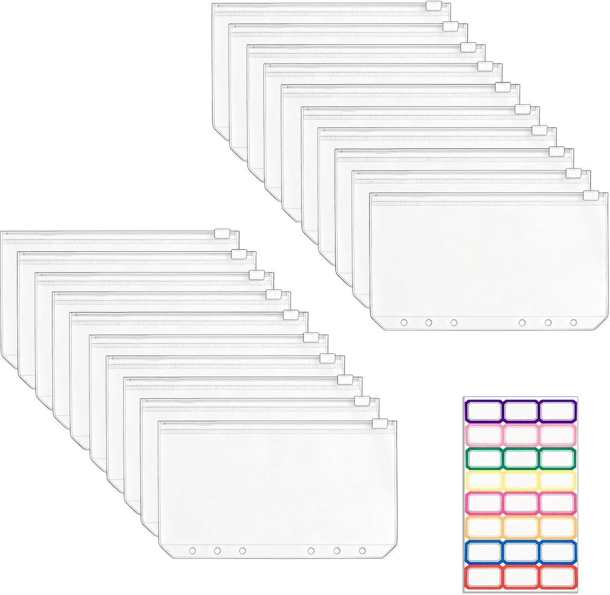 25 stuks A6-ringmappen met ritssluiting, budgetplanner, accessoires met 24 labelstickers, transparante pvc-bindvakken, documententas A6 voor budgetmappen A6