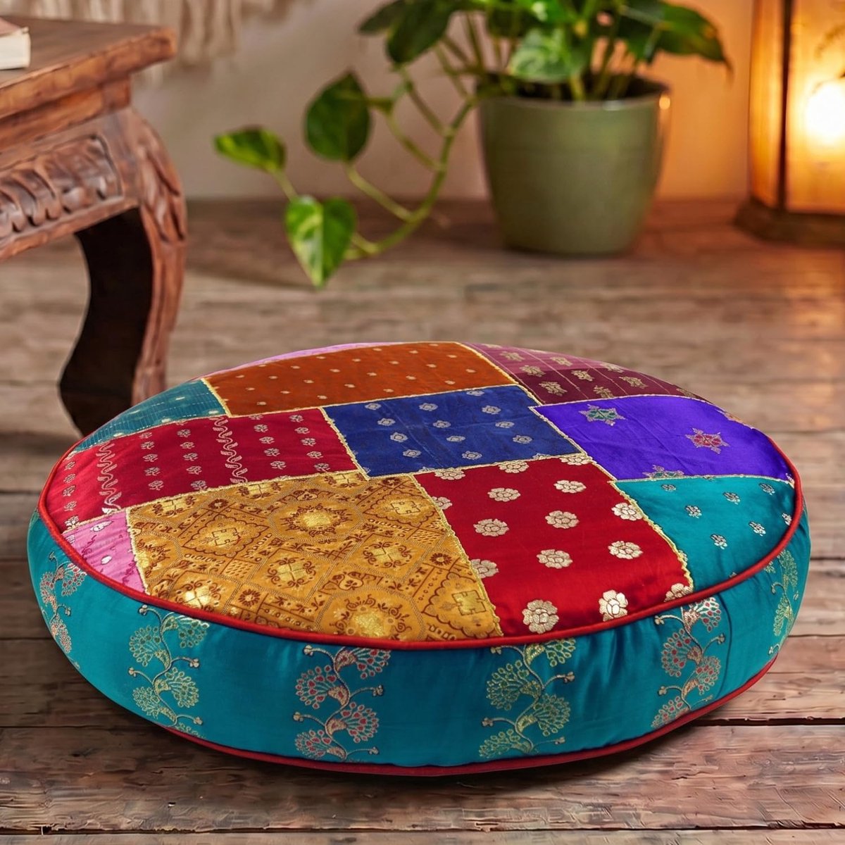 Oosters rond patchwork kussen 40 cm, zitkussen, vloerkussen met katoenen vulling - turquoise/kleurrijk