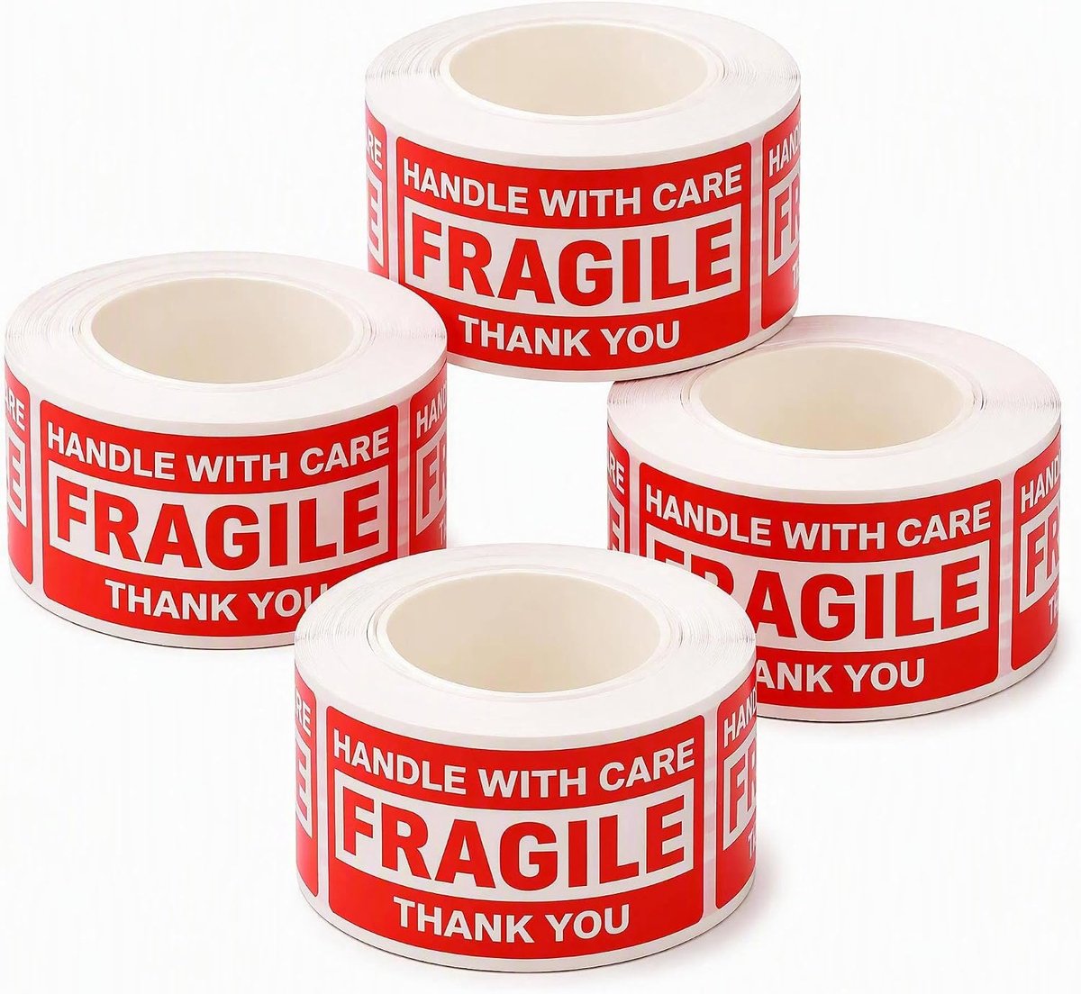 4 Rollen Stickers "Breekbaar Voorzichtig Behandelen" 1000 Waarschuwingsetiketten voor Glas en Breukgevaar, "With Care" Engelse Tekst, Zichtbare Markering voor Pakketten, Verhuisdozen, Glaswerk