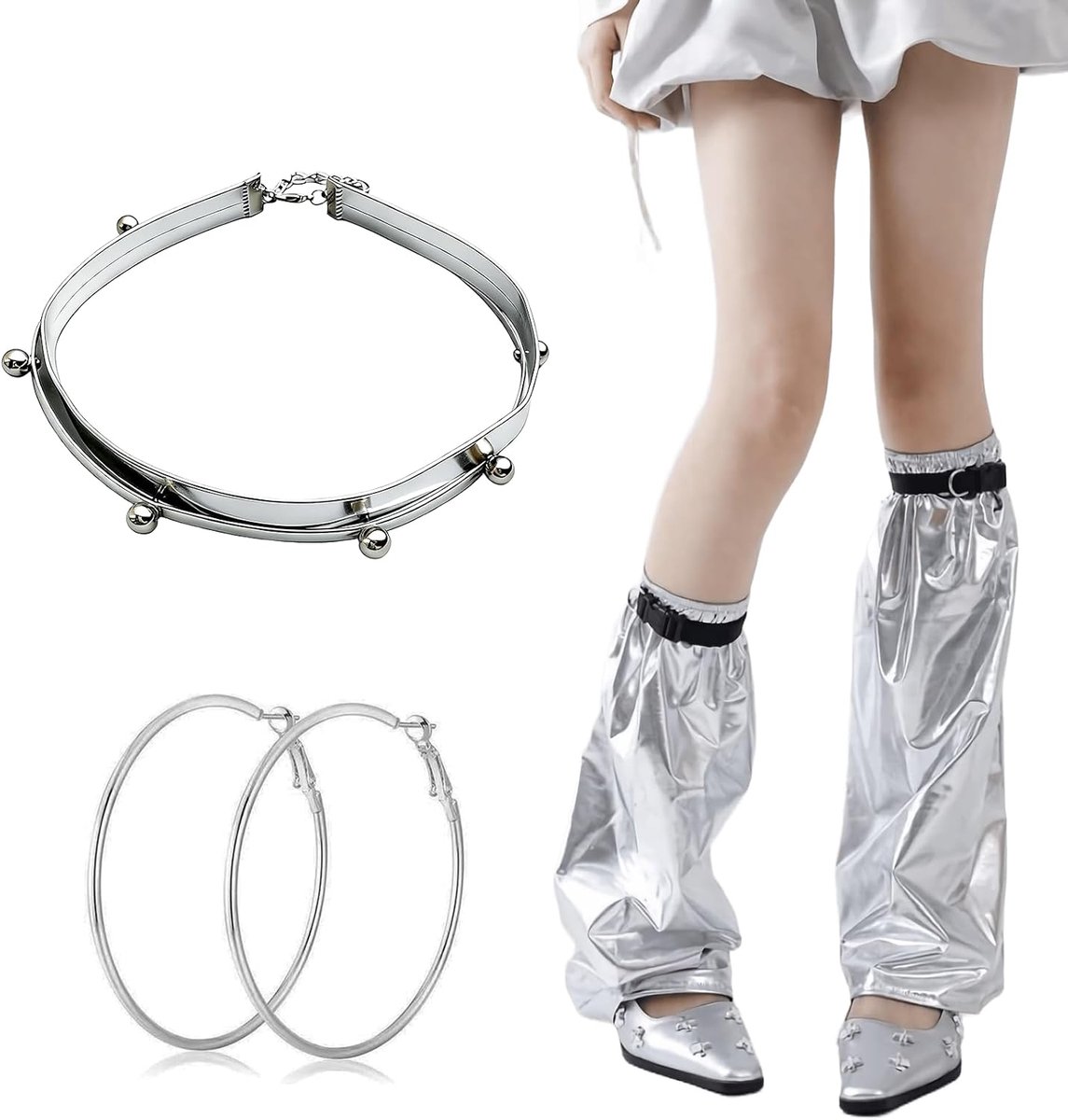 4-delige set Alien kostuums, cyberpunk gezichtsstickers, zilveren oorbellen, choker, kniekousenwarmer, Halloween, carnaval, Y3K