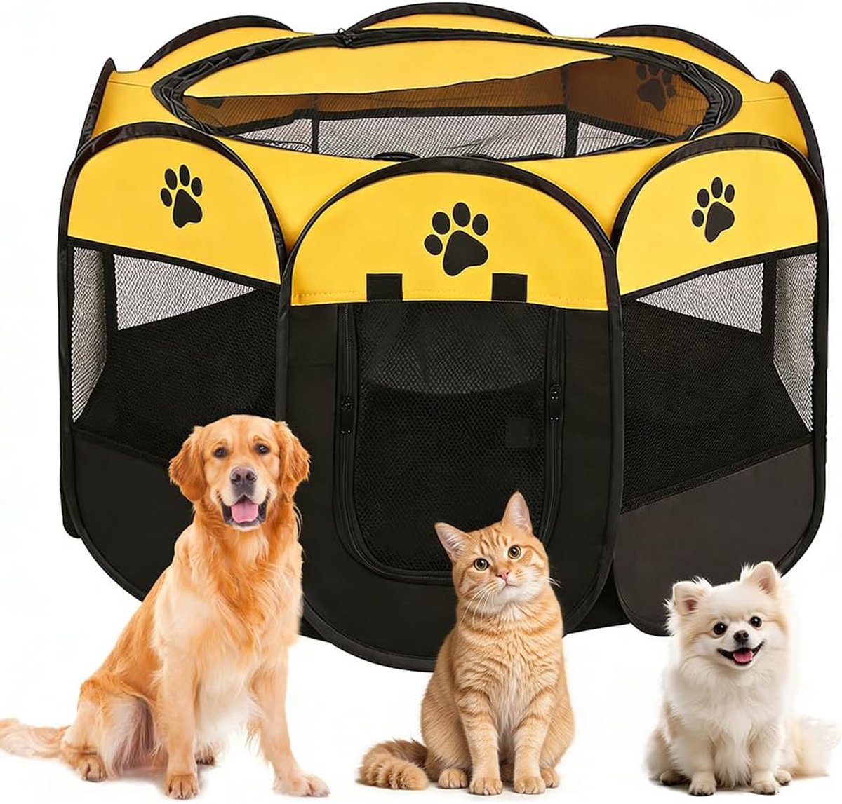 hondenkooi voor woning, XXL dierenren, puppyuitloop, buitenverblijf, kattenverblijf voor kleine dieren zoals honden en katten (geel + pootafdruk)