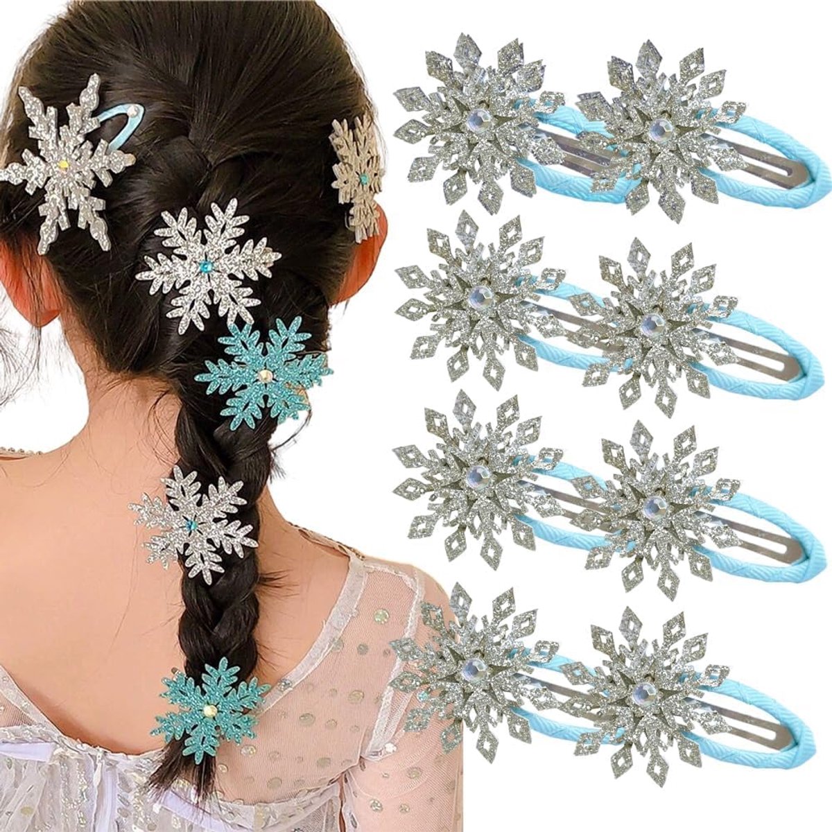 Haarspeldenset, 8 stuks, prachtige kerstsneeuwvlokken, haaraccessoires, haarspeld met glanzende strass, voor dames, meisjes, winter, Kerstmis, feestcadeau (F)