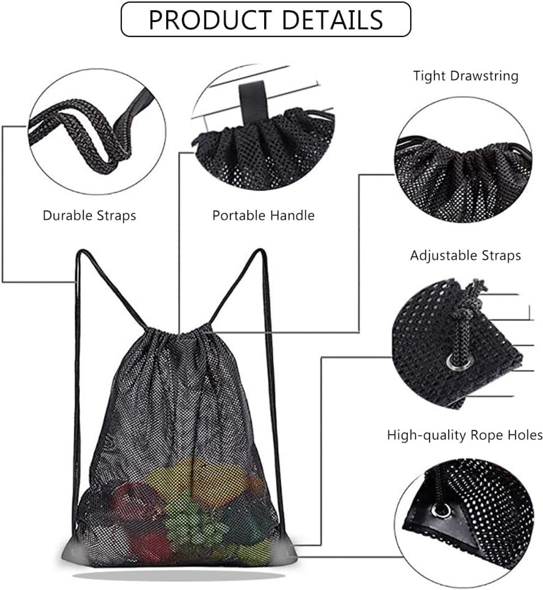 Rugzakken met trekkoord van mesh, strandtas, rugzak voor zware toepassingen voor strand, zwemmen, sportschool, winkelen, speelgoed en meer (45 x 40 cm)