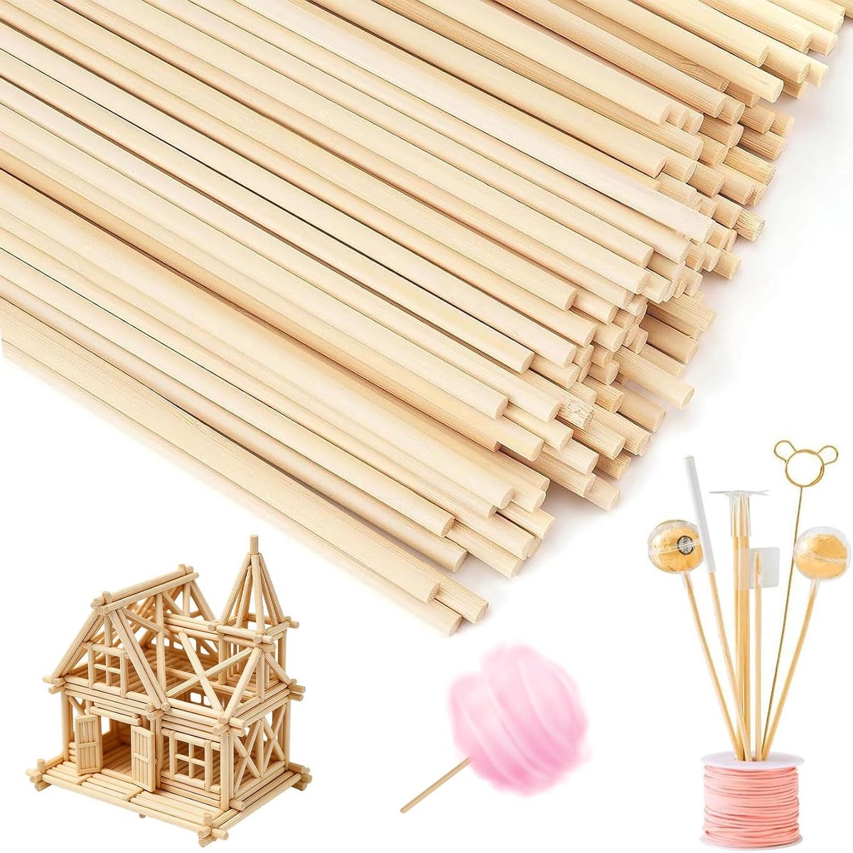 Houten stokjes, lange ronde ijsstokjes, houten stokjes om te knutselen, kandisuikerstokken, rond hout voor handwerk, doe-het-zelf doe-het-zelvers (6 mm)