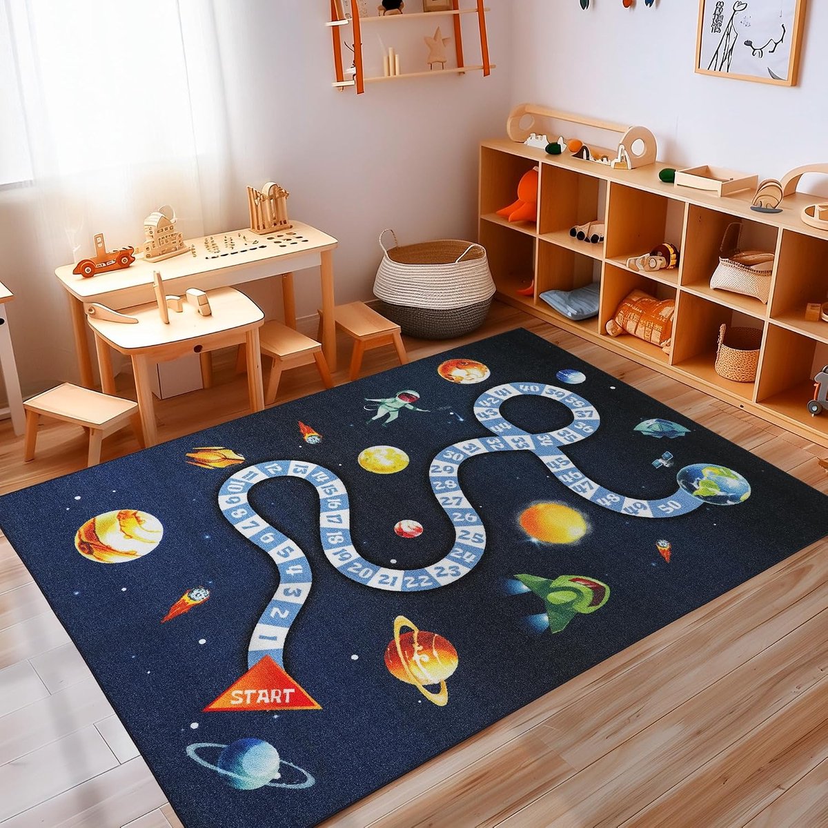 Jongens of meisjes ruimteontwerp, geschikt voor de kinderkamer. Deze speelkleed is antislip en wasbaar, Kleur: Marine, Maat: 160 x 230 cm