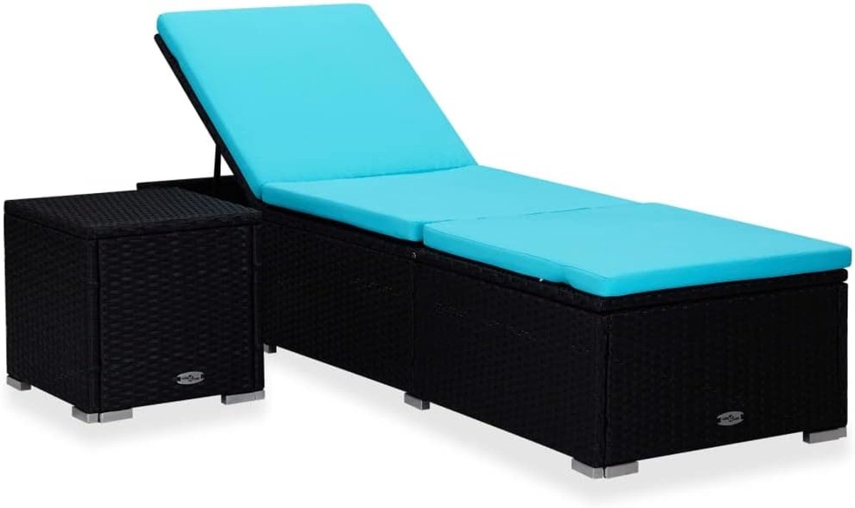 Zonneligstoel met kussen en theetafel van polyrotan in blauw, 2-delige set voor lounge met verstelbare rugleuningen en weerbestendig PE-vlechtwerk, inclusief