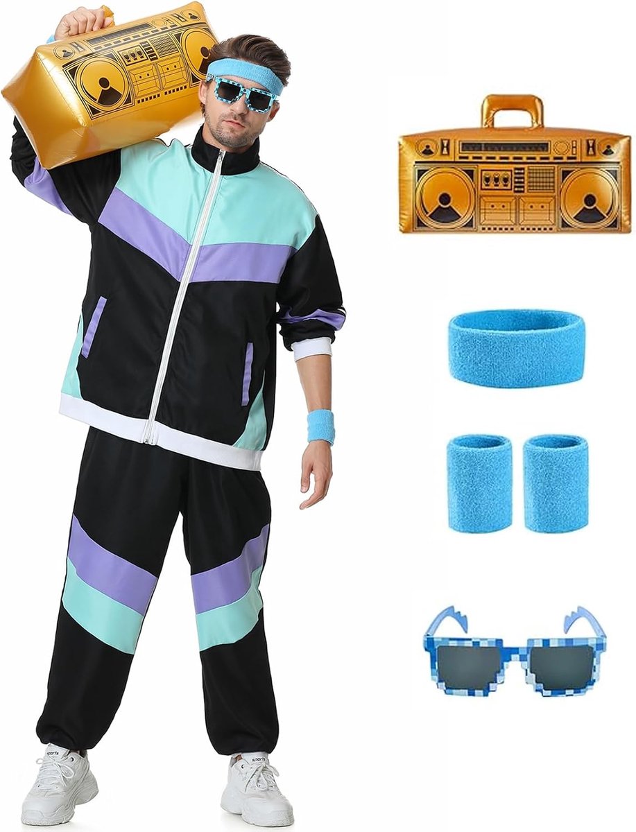 80-outfit voor heren, jaren '90, trainingspak, kostuum, jaren 80, sportoutfit, carnavalskostuum, joggingpak, retro pak, heren, jaren 80, Newkids kostuum, carnaval, feestkostuum voor