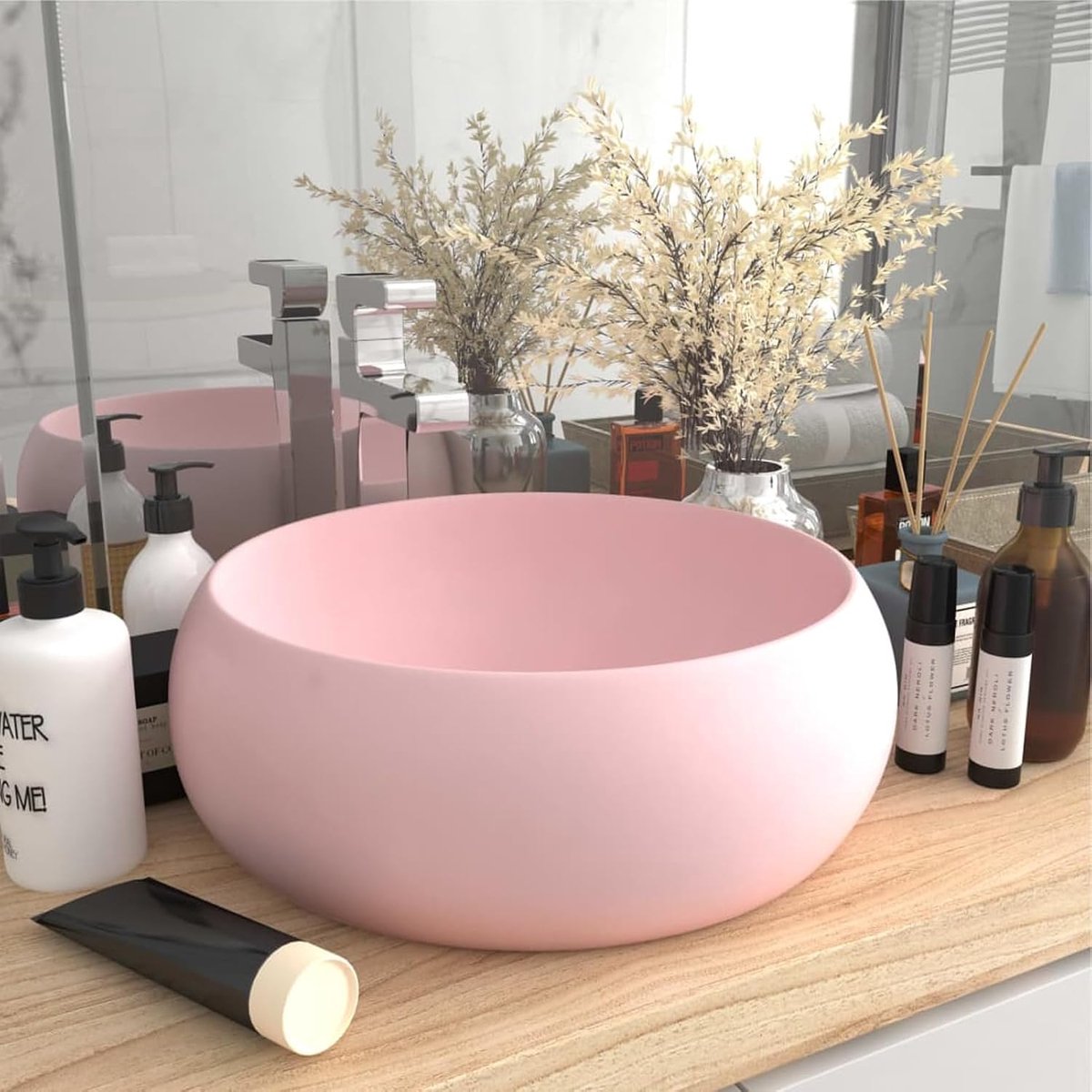 Luxe wastafel met afvoergat, wasbak, opzetwastafel, wastafel, wastafel, rond, mat roze, 400 x 150 mm (diameter x hoogte), keramiek, matroze