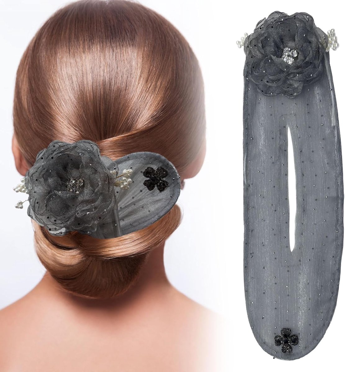 Parels, bloemen, haarknotmaker, knotmaker, knotenmaker, magische haarknoop voor dames, modieus (grijs)