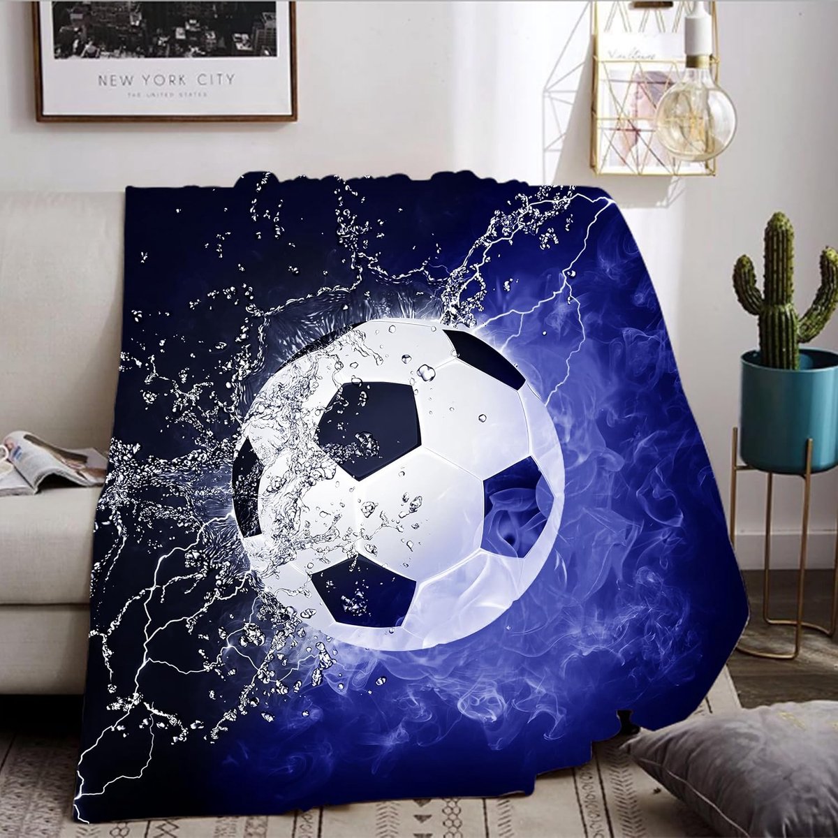 3D-voetbalmotief, sportthema voor jongens, tieners, flanellen deken, kamerdecoratie, cadeau, voetbalgeschenken voor jongens (C, 150x200cm)