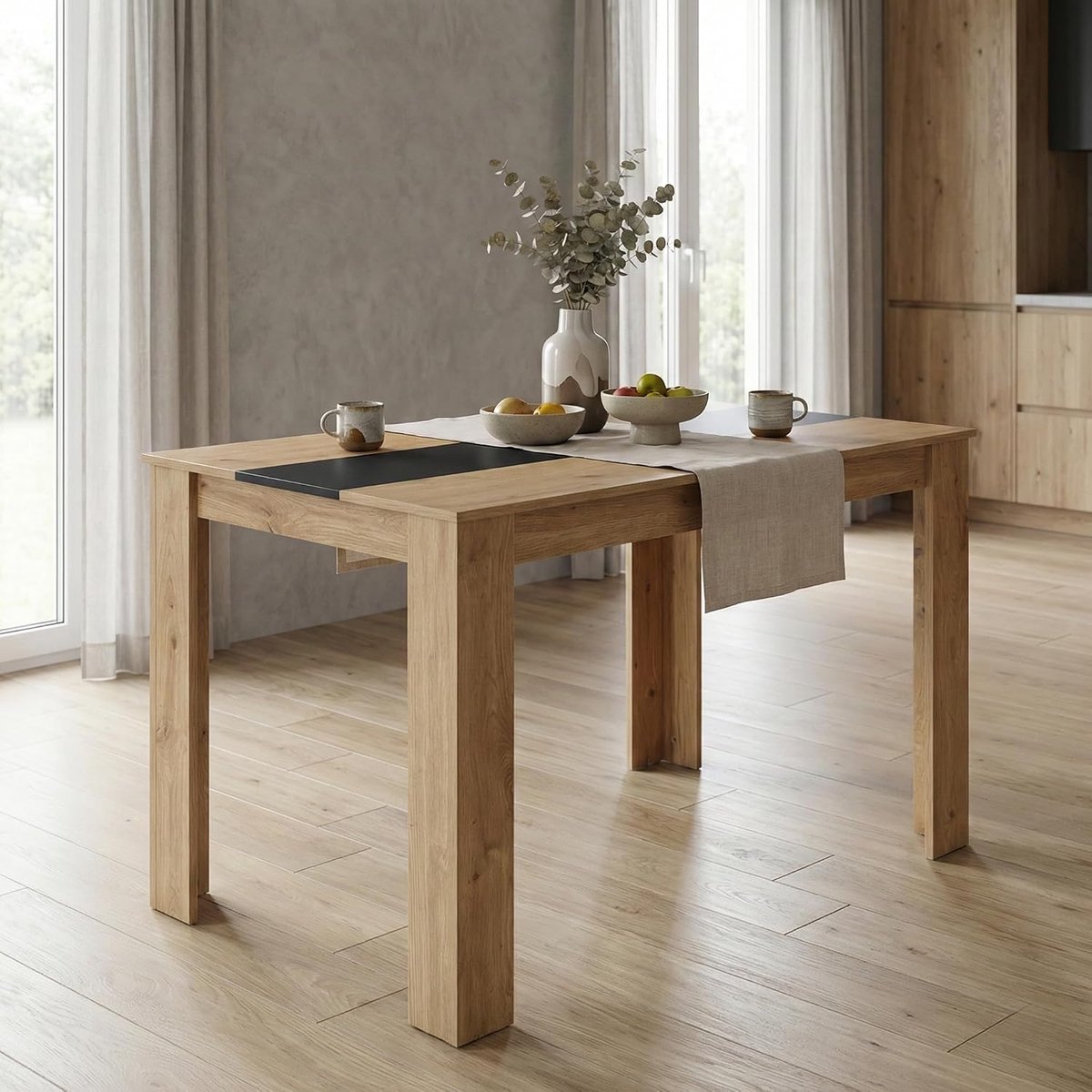 Eettafel, rechthoekig, 110 x 70 cm, voor 4 personen, moderne eettafel van hout, keukentafel, groot, voor eetkamer, woonkamer, kleur eiken + zwart