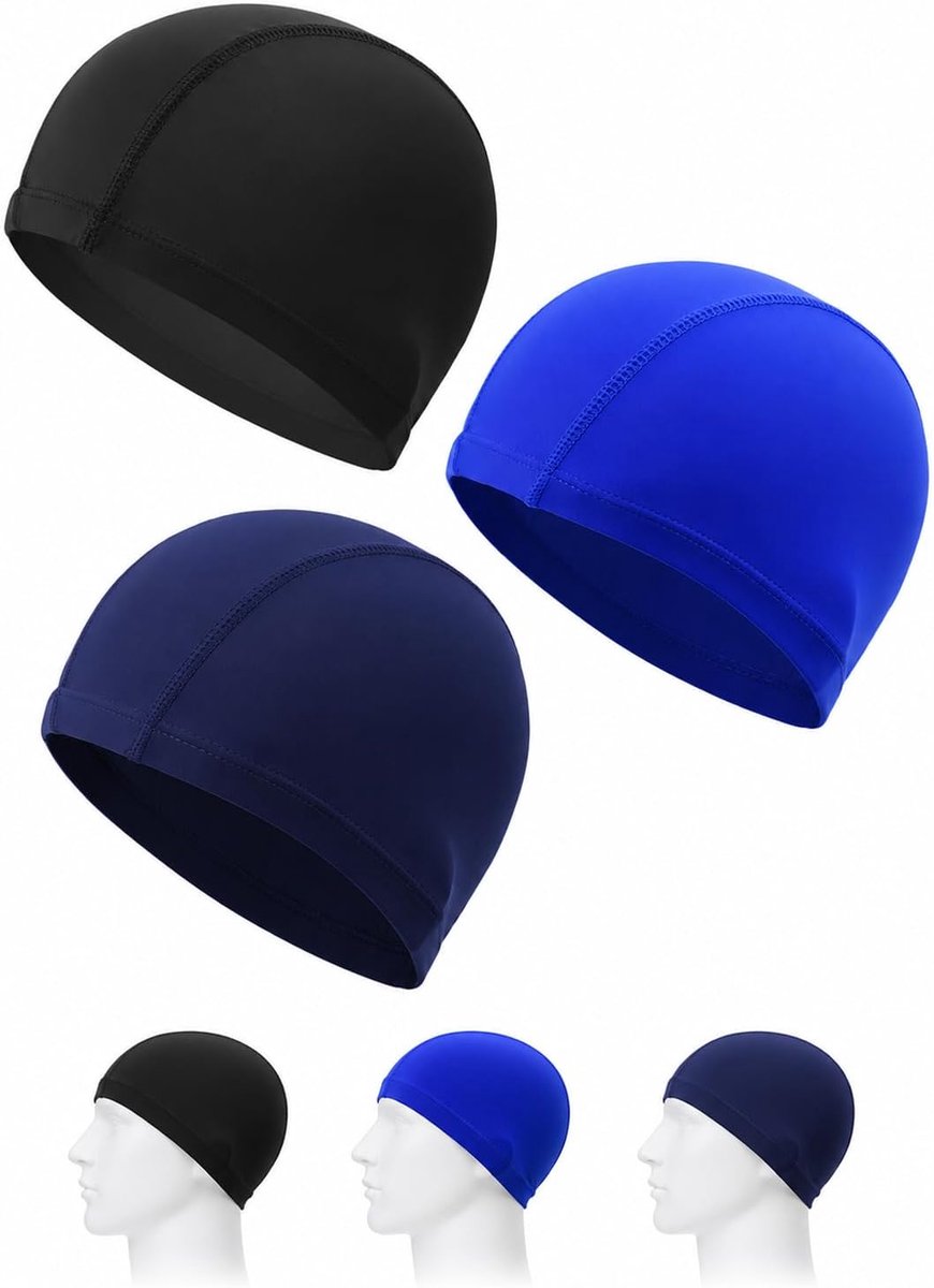 Set van 3 stoffen badmutsen, sneldrogend, verschillende kleuren. Ideaal voor lang haar, dames, heren, kinderen, comfortabel en rekbaar om te zwemmen.