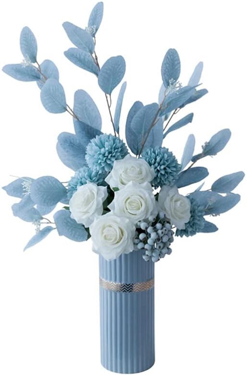 Nepbloemen Witte roos kunstbloem faux bloemen home floral decoratie ornamenten geschikt for woonkamer eetkamer slaapkamer studeren kunstbloem (Color : Lake blue Bouquet+vase)