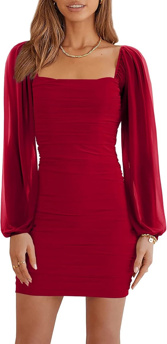 Mini-jurk voor dames, mesh, lange mouwen, vierkante hals, ruches, party, club, cocktail, bodycon